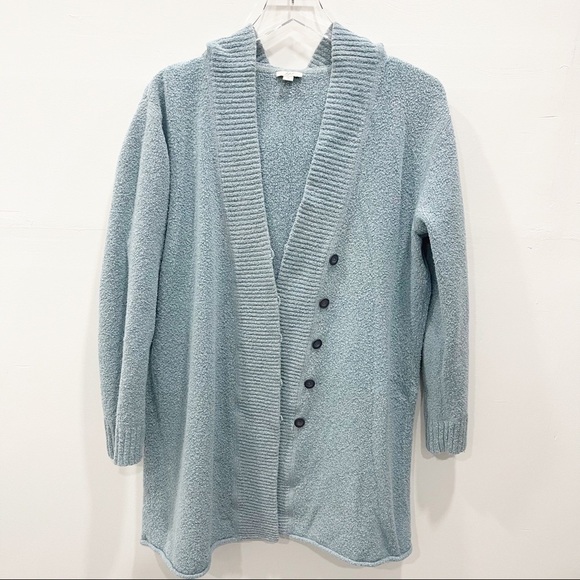 J. Jill Hooded Sweater Cardigan Light Blue Soft Fuzzy Button Front Medium Cotton - Picture 1 of 11